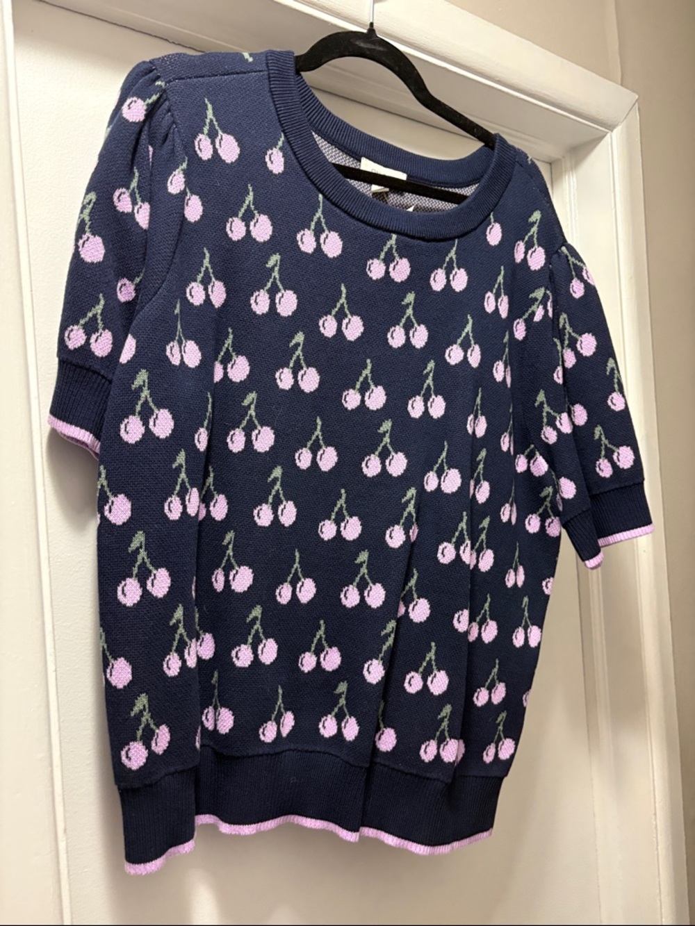 Navy Cherry Print Short Sleeve Knit Top